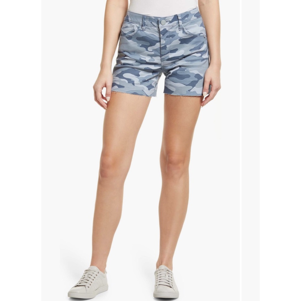 Wit & Wisdom High Waist Ab Solution Blue Shadow Camouflage Raw Hem Shorts